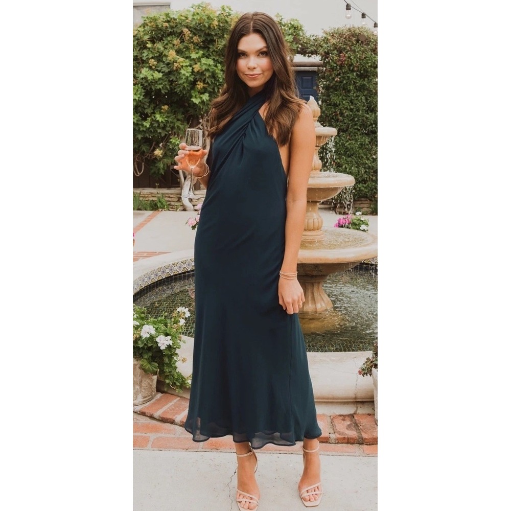 Show Me Your Mumu Jasmine Halter Midi Dress Emerald Chiffon‎ M NWOT